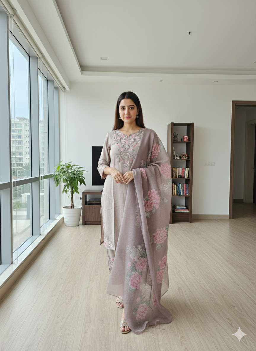 Dusty Rose Elegance – Floral Embroidered 3-Piece Kurti Set✨