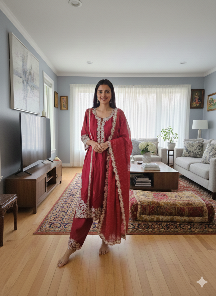 Crimson Royale – Embroidered 3-Piece Kurti Set ❤️✨