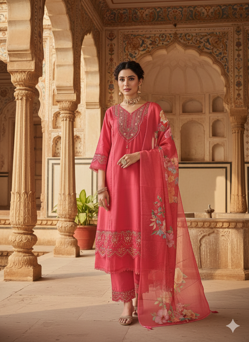 Royal Blush Elegance – Embroidered 3-Piece Kurti Set