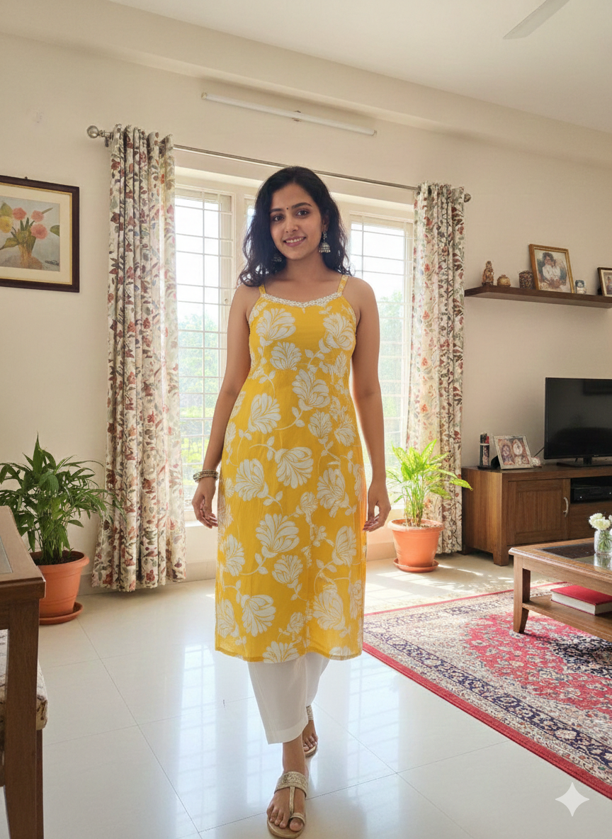 Sunflower Breeze – Floral Spaghetti Kurti 🌼✨