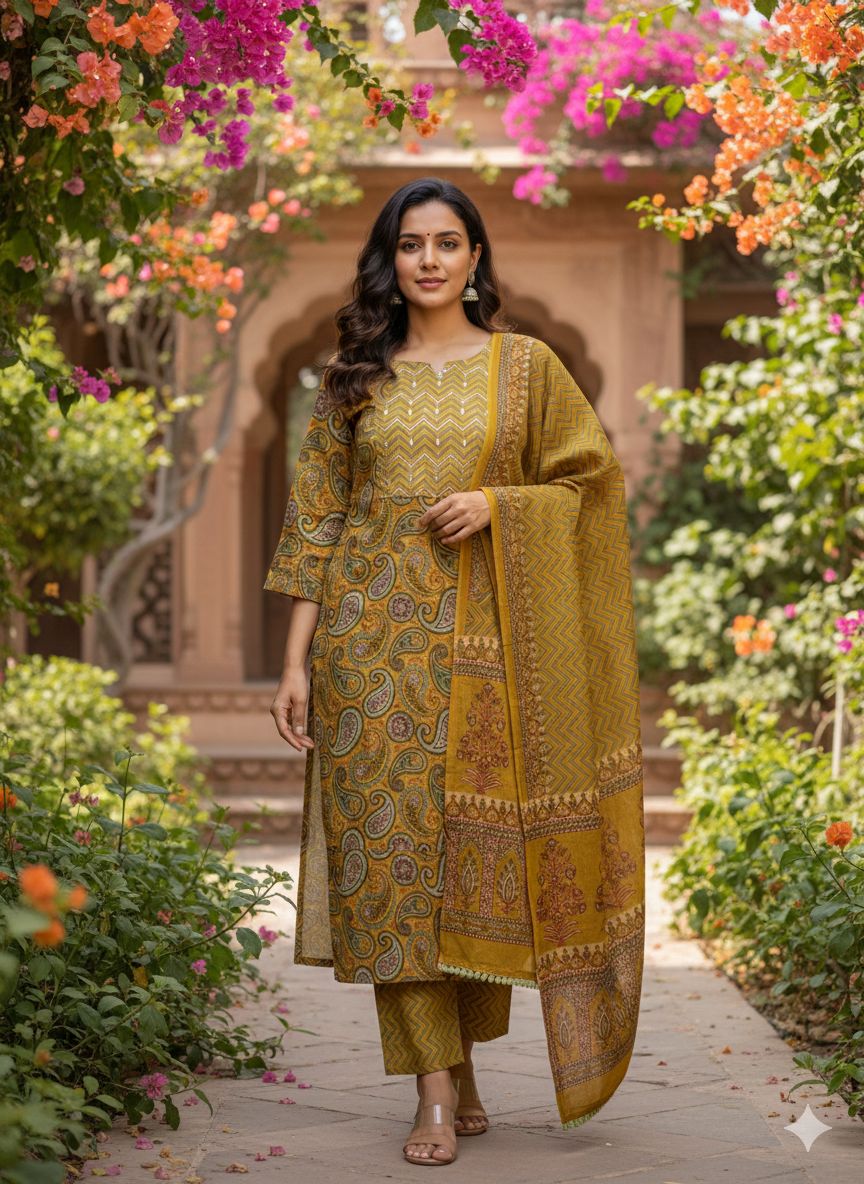Mustard Royale Paisley Grace 3-Piece Kurti Set ✨🌼