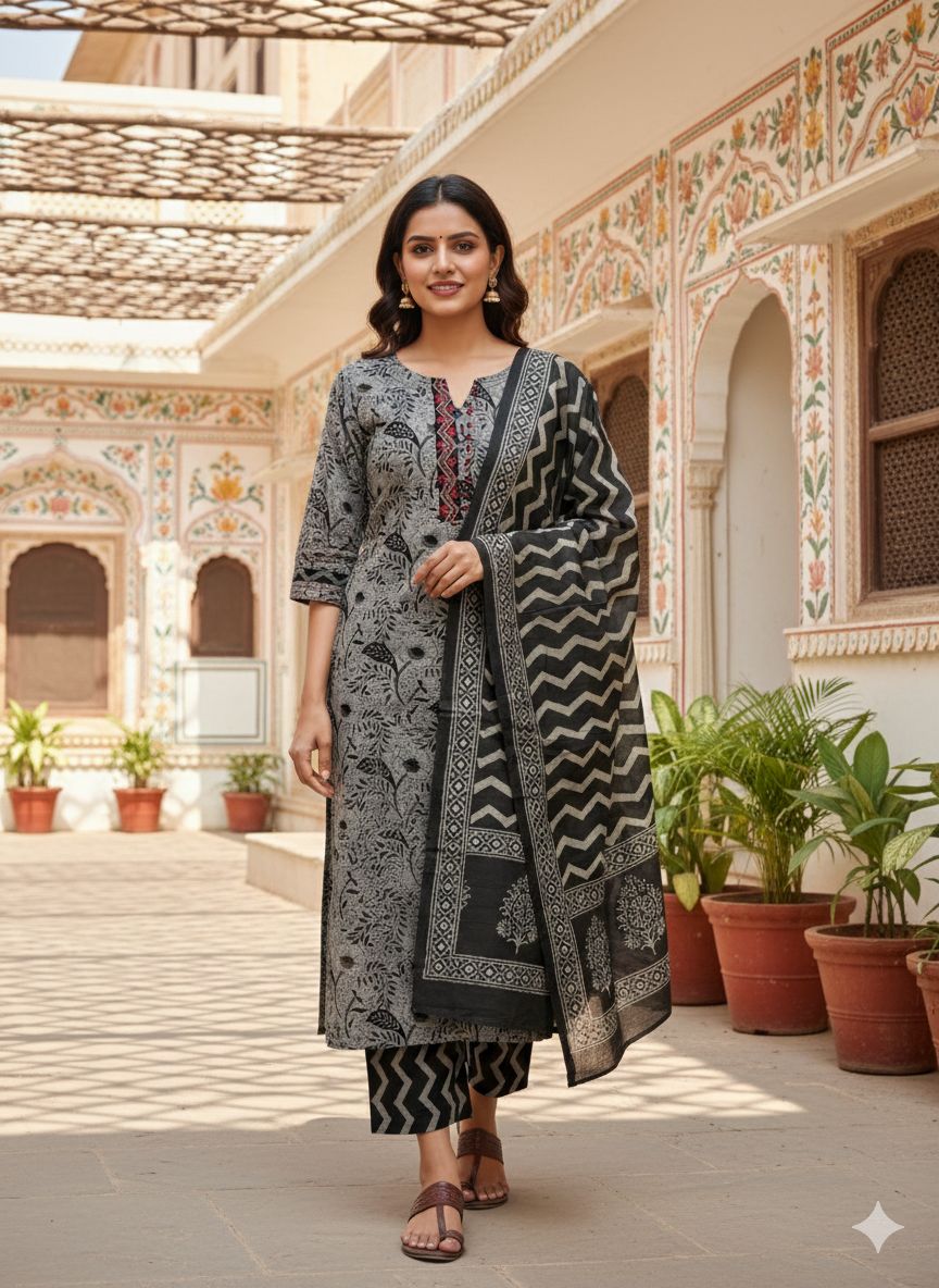 Midnight Charcoal Elegance 3-Piece Kurti Set ✨🖤