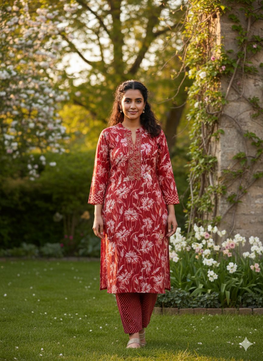 Crimson Bloom Elegance 2-Piece Kurti Set 🌺✨