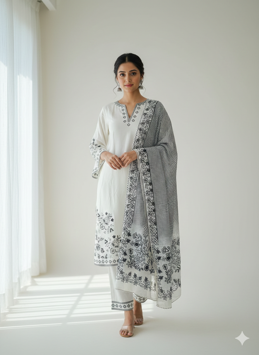 Ivory Noir Elegance – Embroidered 3-Piece Kurti Set ✨