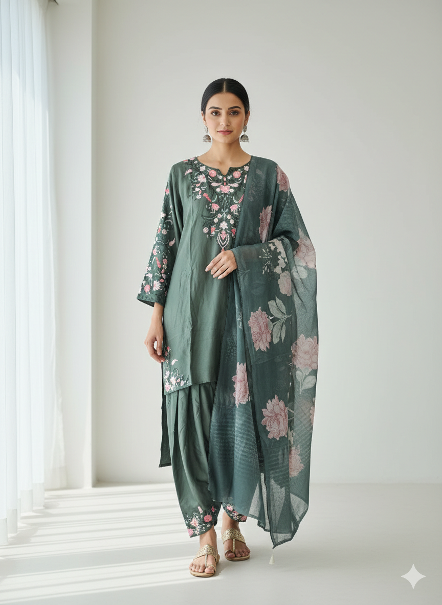 Emerald Bloom Grace – Embroidered 3-Piece Kurti Set🌿