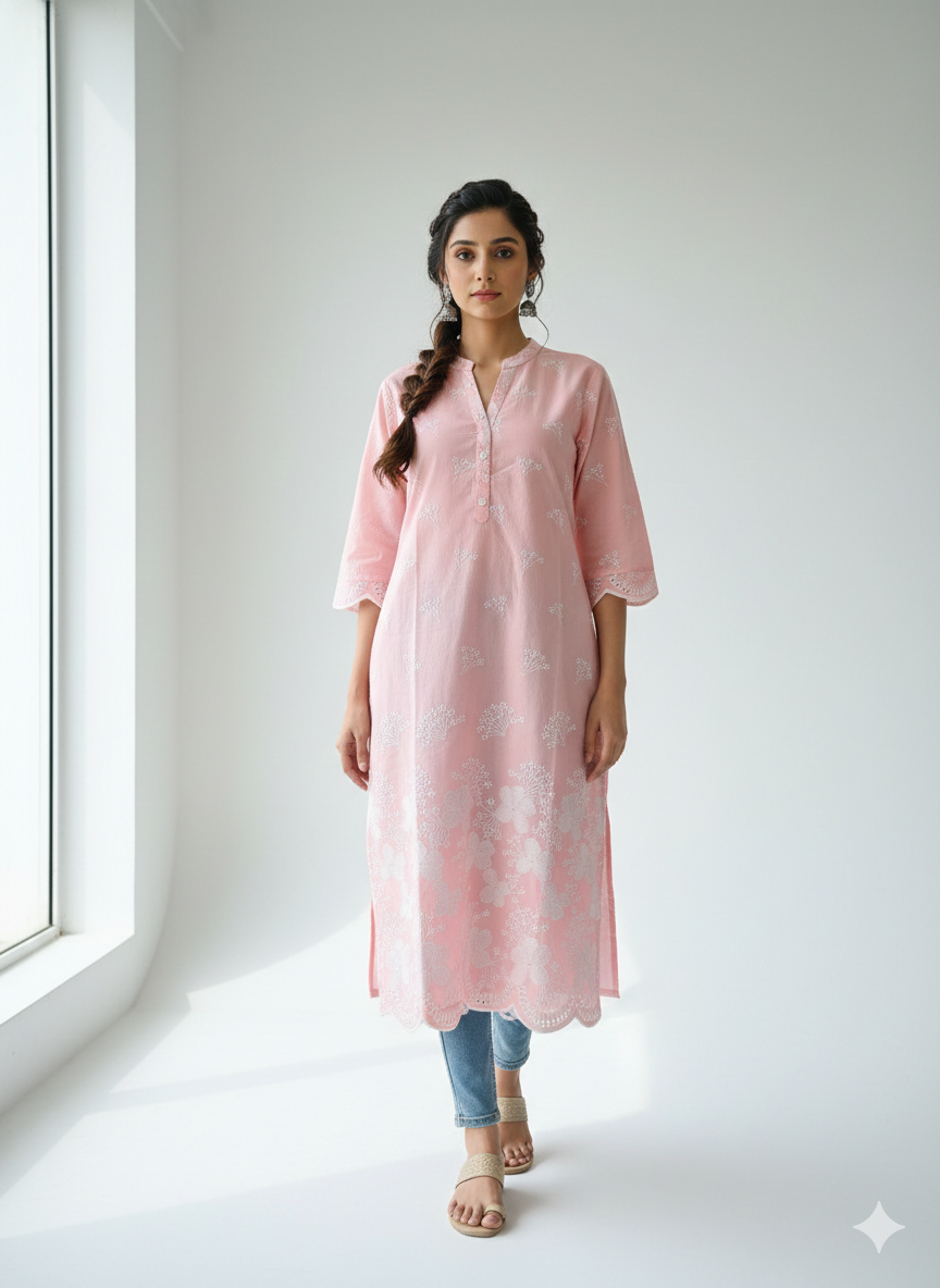 Blush Petal Charm – Embroidered Straight Kurti 🌸