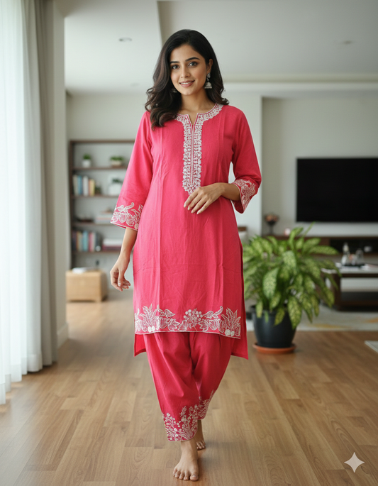 Ruby Radiance – Embroidered 2-Piece Kurti Set❤️