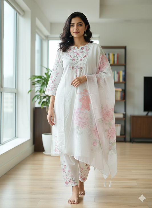 Pearl Blossom Grace – Embroidered 3-Piece Kurti Set🤍🌸
