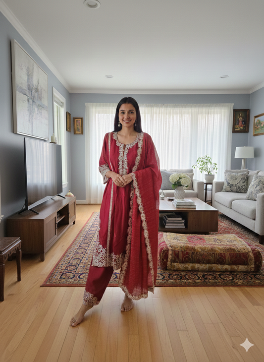 Crimson Royale – Embroidered 3-Piece Kurti Set ❤️✨