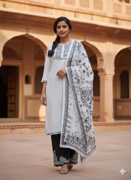 Silver Mist Elegance – Embroidered 3-Piece Kurti Set ✨🖤