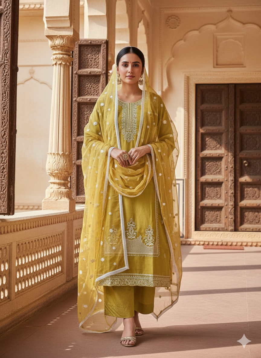 Mustard Majesty – Embroidered 3-Piece Kurti Set ✨