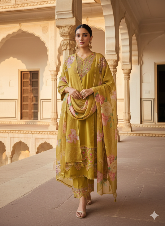 Golden Meadow Bloom – Embroidered 3-Piece Kurti Set✨