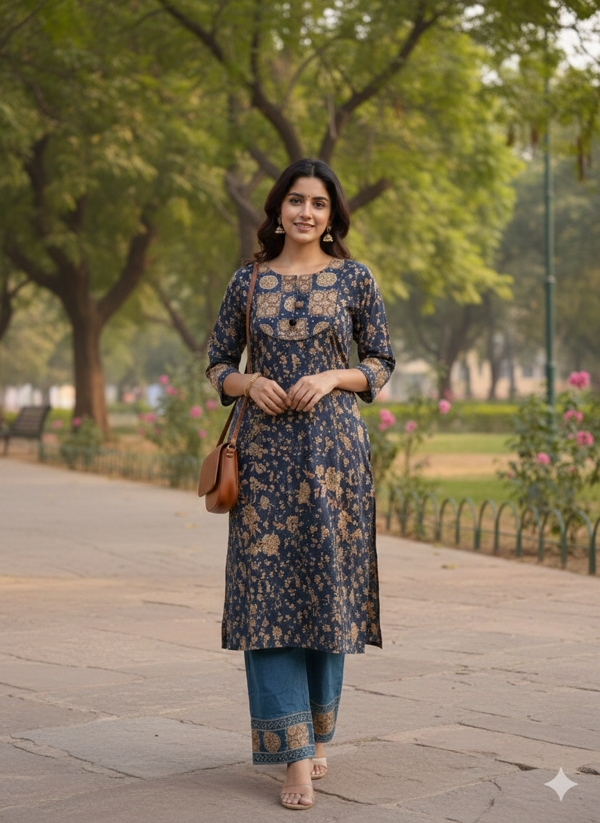 Midnight Garden Glow – Printed Straight Kurti