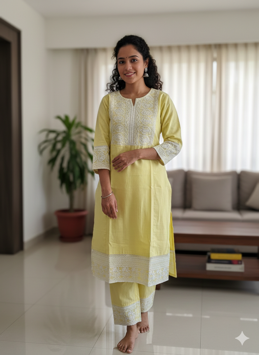 Sunlit Serenity – Embroidered 3-Piece Kurti Set” ☀️