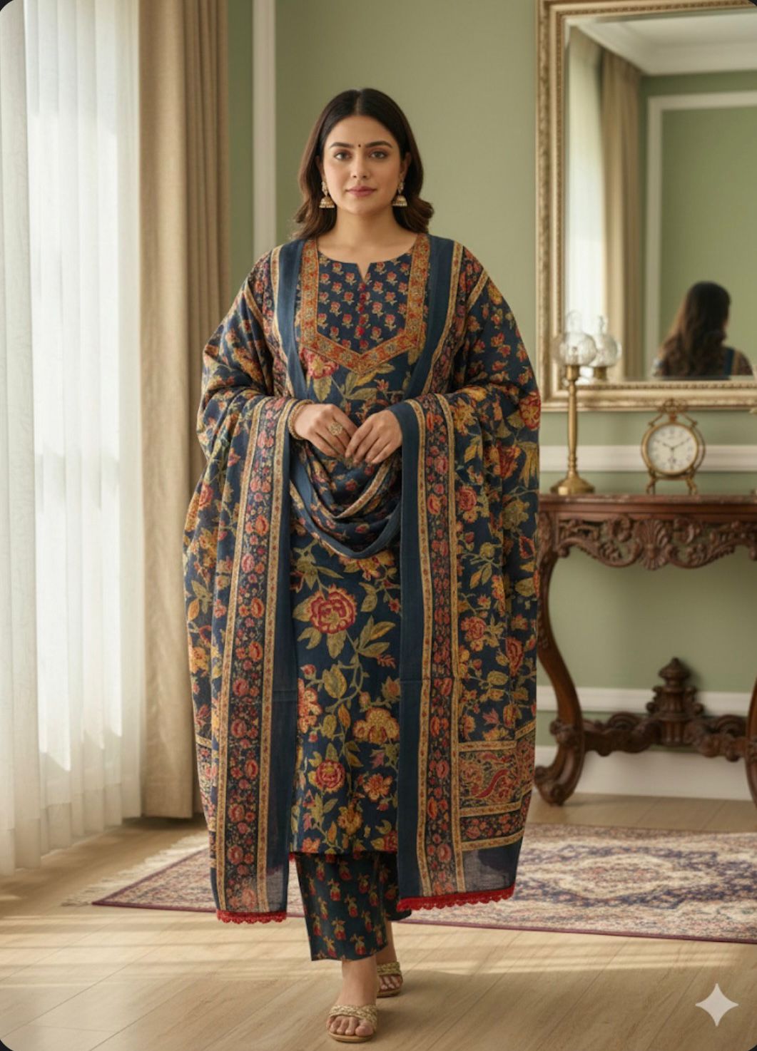 Midnight Garden Royale – Printed 3-Piece Kurti Set 🌺