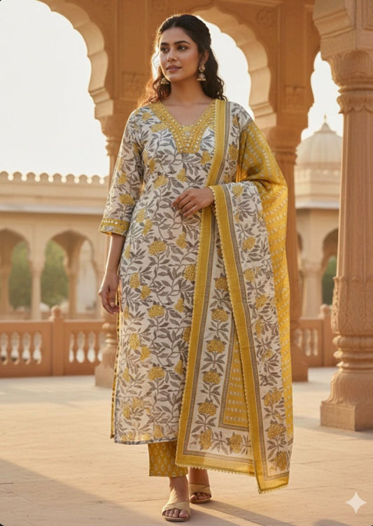 Golden Gulmohar Grace 3-Piece Kurti Set ✨🌼