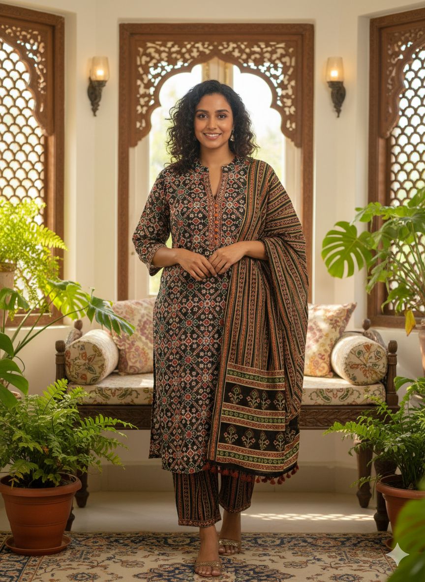 Midnight Heritage Elegance 3-Piece Kurti Set ✨🌿